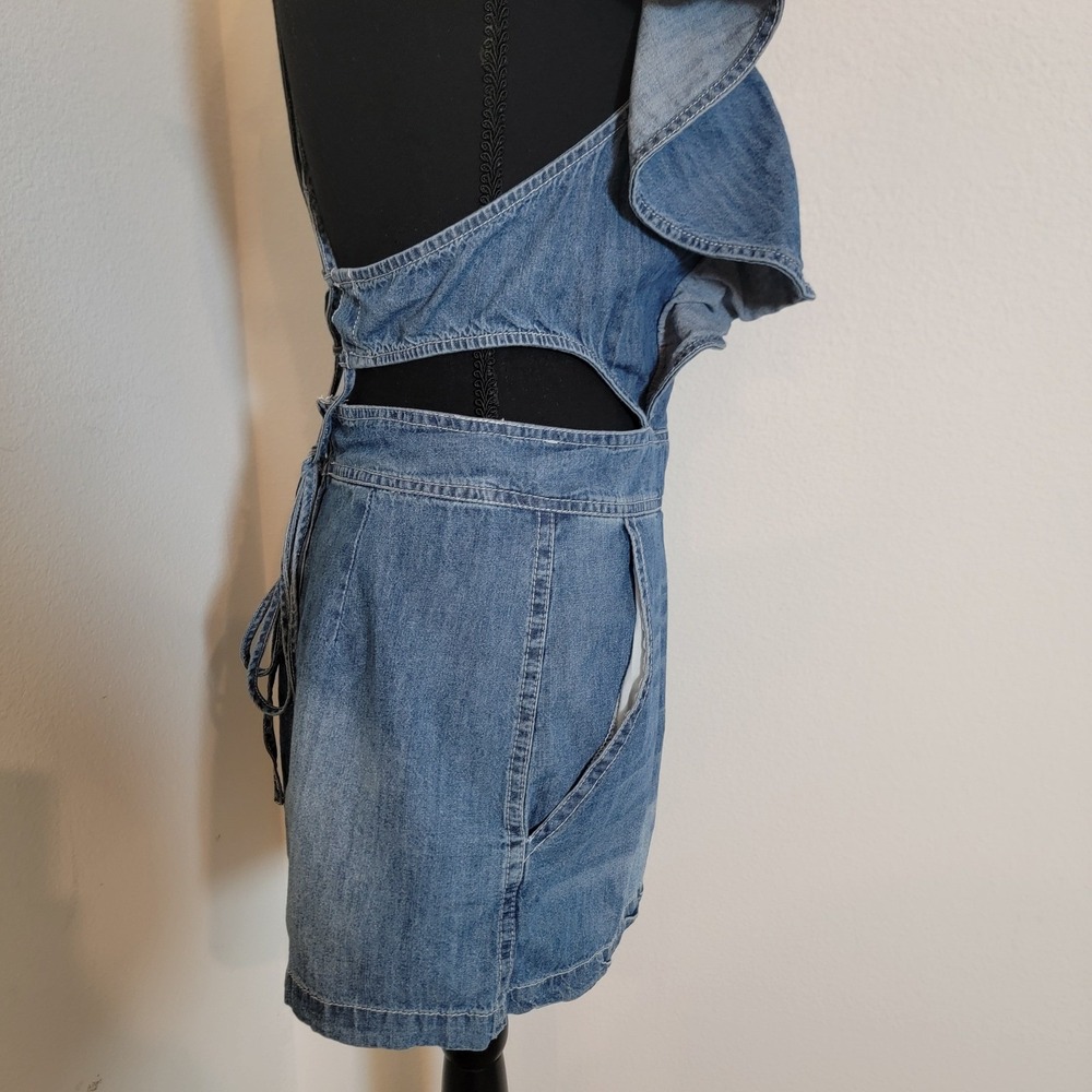 Blue Denim Ruffle Lace Up Back Cut Out Romper Small Wash Boho Festival - Picture 12 of 15
